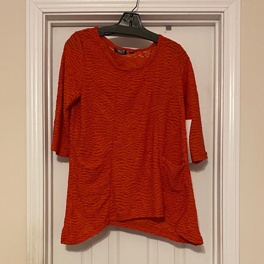 Onque Casuals Vibrant Orange Textured Tunic PM Partial Sheer